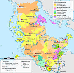 Шлезвиг и Холщайн ок. 1650 г. Територията на княжеското-епископство Любек (зелено)