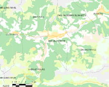 Mapa elemental que muestra los límites del municipio, municipios vecinos, zonas de vegetación y caminos