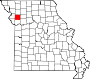 Harta statului Missouri indicând comitatul Clinton