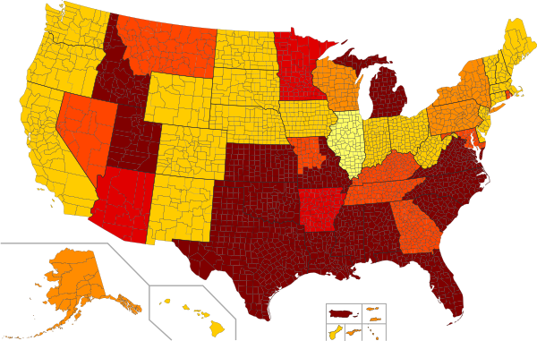 US sodomy laws by the year when they were repealed or struck down.  In the late 1950s, drafts of the Model Penal Code recommended decriminalizing sodomy and the first state to adopt decriminalization was Illinois (light yellow) in 1961. Sodomy laws remaining as of 2003 were struck down by the US Supreme Court in Lawrence v. Texas.   Laws repealed or struck down from 1970 to 1979   Laws repealed or struck down from 1980 to 1989   Laws repealed or struck down from 1990 to 1999   Laws repealed or struck down from 2000 to 2002   Laws struck down by the Supreme Court of the United States in 2003