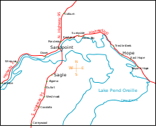 Image shows blue outline of Lake Pend Oreille. Highway 200 going east to west along the top of the lake. Highway 95 going north to south along the western side of the like, passing through Sandpoint, Coeur d'Alene, and many other small North Idaho towns.