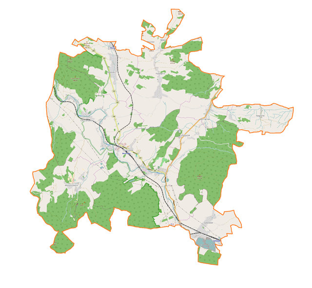 Mapa konturowa gminy Marciszów, po lewej nieco na dole znajduje się punkt z opisem „Kościół Najświętszego Serca Pana Jezusa”