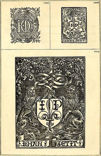 Two printer's marks used by Jehan Petit (top right and bottom). Marques typographiques, ou, Recueil des monogrammes, chiffres, enseignes, emblemes, devises, rebus et fleurons des libraires et imprimeurs qui ont exerce en France depuis l'introduction de (14597396460).jpg