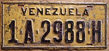 Car registration in force around 1955. Matricula automovilistica Venezuela 1955 1-A-2988-H.jpg