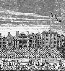 The maypole depicted in George Vertue's engraving of a 1713 procession along the Strand Maypole in the Strand.jpg