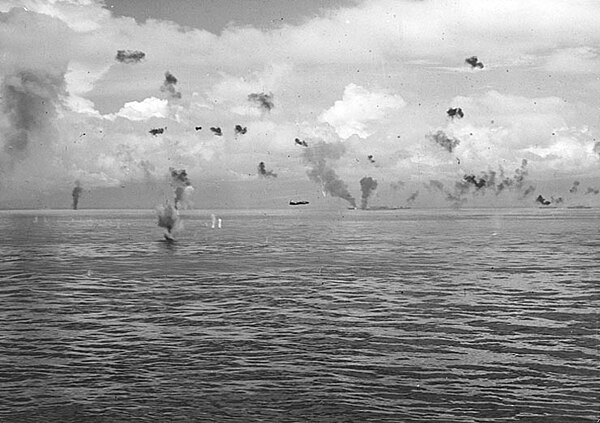 Mitsubishi G4M1s making a torpedo attack at Guadalcanal on August 8, 1942.
