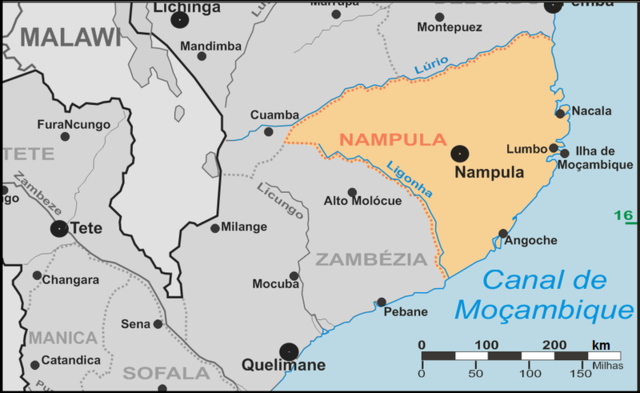 Mapa da província de Nampula com localização da cidade do mesmo nome