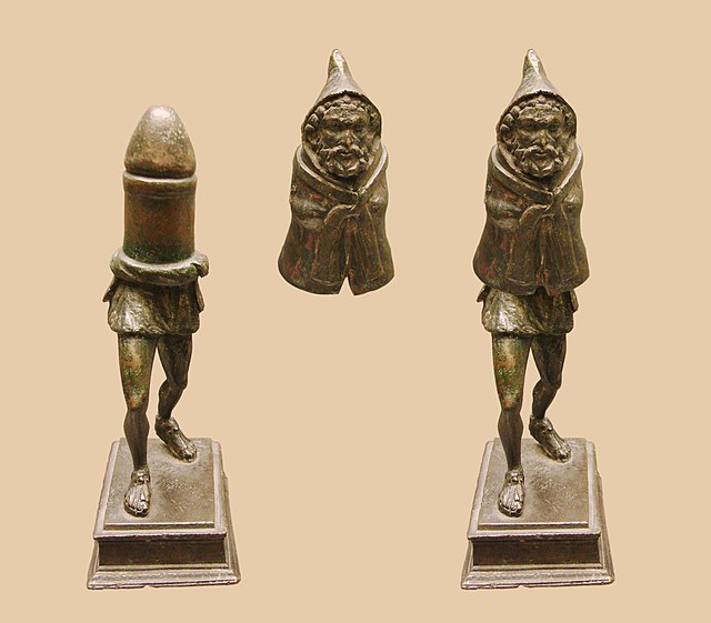 Gallo-Roman bronze statuette (c. 1st century AD) of Priapus (or a Genius cucullatus?) discovered in Picardy, northern France, made in two parts, with 