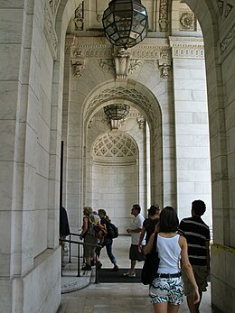 Cross-view of classical details in the Main Branch's entrance portico NYPL portals.JPG