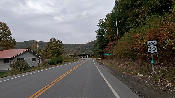 NY 30 southern terminus with NY 17 interchange visible