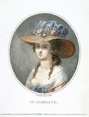 Portrait of Nancy Storace, circa 1788 by Pietro Bettelini. Retouched version; click for original.