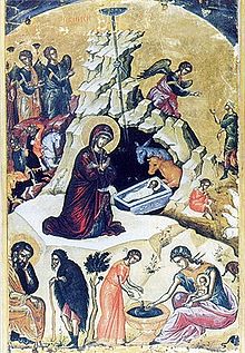 Russian icon of the Nativity. The Star of Bethlehem is depicted at the center top as a dark semicircle, with a single ray coming down. Nativity Icon.jpg