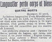 La disparition du langoustier Trois Républicains du port du Loch en Primelin, La Dépêche de Brest et de l'Ouest, 28 avril 1913.