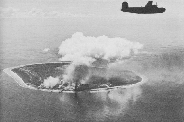 U.S. Army Air Forces bombing the Japanese airstrip on Nauru, 1943.