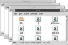 The Nautilus file manager had a spatial mode, which was removed with the arrival of GNOME (and with it Nautilus) version 3.x. Each of these windows displays an open directory. Nautilus-spatial.png