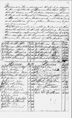 A handwritten document with two paragraphs in cursive writing at the top, and two columns below it, each containing a name of a donor followed by an amount pledged by that donor.