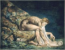 Blake's Newton (1795) demonstrates his opposition to the "single-vision" of scientific materialism: Newton fixes his eye on a compass (recalling Proverbs 8:27, an important passage for Milton) to write upon a scroll that seems to project from his own head. Newton-WilliamBlake.jpg