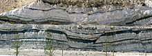 Normal faults in Spain, between which rock layers have slipped downwards (at photo's centre) Normal faults - Arganda del Rey, Madrid, Spain.JPG