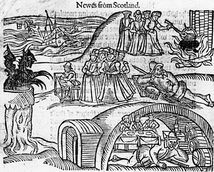 The North Berwick Witches meet the Devil in the local kirkyard, from a contemporary pamphlet, Newes from Scotland