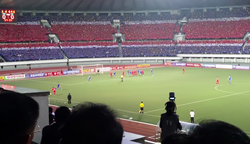 The national team (in blue) playing against North Korea (in red) at the Kim Il-sung Stadium in Pyongyang. The 2018 FIFA World Cup qualifier match held on October 8, 2015, ended in a goalless draw North Korea v Philippines, 8 October 2015 C.png