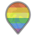 OpenStreetMap-themed icon in a pin shape with a horizontal pride flag overlay.