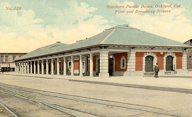 Postcard view of the Southern Pacific station at 1st and Broadway