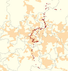 Mapa konturowa Obszaru Warownego Śląsk, w centrum znajduje się punkt z opisem „Schron bojowy nr 75 w Kochłowicach”
