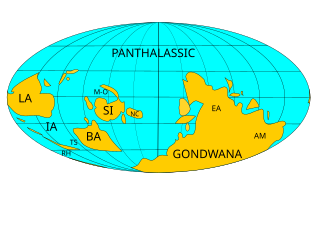 Map of Earth's continents and oceans in the middle of the Ordovician Period, about 470 million years ago (SI=Siberia, LA=Laurentia, BA=Baltica) Ordovician 470.svg