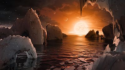 Surface de la planète f, certaines planètes du système contiendraient probablement de l'eau liquide