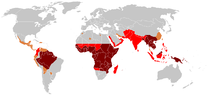Zones géographiques de la malaria.      Prévalence élevée de la chloriquino-résistance ou multi-résistance      Chloriquino-résistance présente      Pas de Plasmodium falciparum ou de chloriquino-résistance      Pas de paludisme