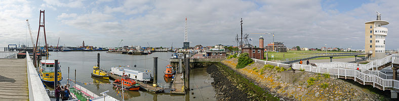 Panoramic view over habour of Cuxhaven photographed from Old Love ("Alte Liebe")