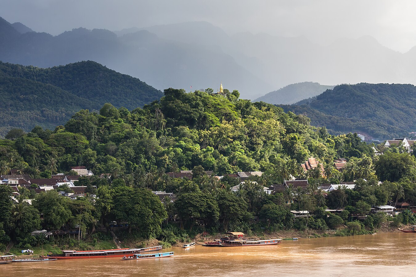 Panoramic view of Mount Phou Si seen from Wat Chomphet in Luang Prabang Laos