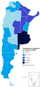 The maps of Paraguay and Argentina (left), the distribution of Paraguayan Argentines by Argentine provinces (2010) (right).