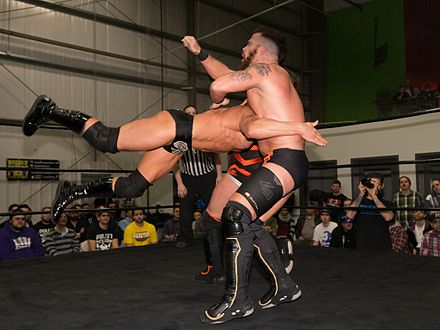 Pepper Parks simultaneously hits Tyson Dux and Scotty O'Shea with a spear.