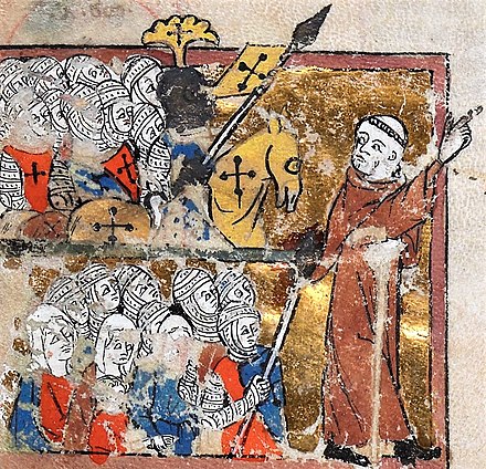 14th-century miniature of Peter the Hermit leading the People