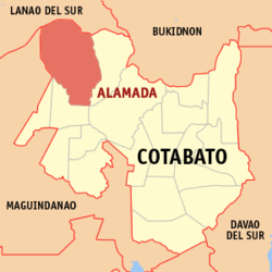 Mapa ng Cotabato na nagpapakita sa lokasyon ng Alamada.
