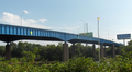 Schuylkill Expressway Bridge, built 1956, reconstructed 2010, carries I-76 (Schuylkill Expressway) over the Schuylkill River in Philadelphia, Pennsylvania. View from the University Avenue ramp to I-76 northbound, looking southeast