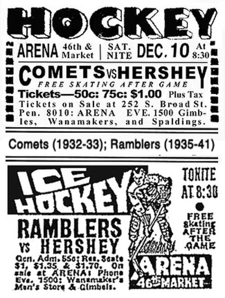 Display ads for pro hockey at the Arena (1932–41)