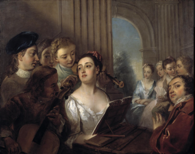 Philip Mercier (1689-1760), A Music Party. A viol player looks past the harpsichordist's shoulder to see the figured bass line. 18th century amateurs routinely realized accompaniments from figured bass. Philip Mercier, 'A Music Party'.png