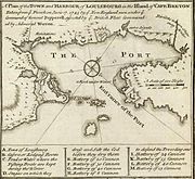 Plan en anglais du siège de 1745. L'attaque a été montée depuis la Nouvelle-Angleterre avec le soutien de la Royal Navy.