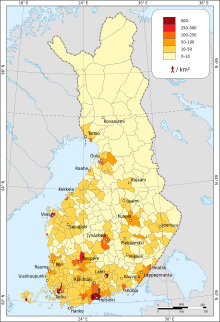 Population densities in Finland, inhabitants per square kilometre Population map of Finland.svg