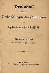 Cover of the Erfurt Program Protokoll des Parteitages der SPD in Erfurt (14. bis 20. Oktober 1891).jpg