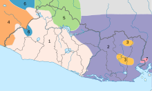 Map of El Salvador's Indigenous Peoples at the time of the Spanish conquest: 1. Pipil (Nahua), 2. Lenca, 3. Kakawira o Cacaopera, 4. Xinca, 5. Maya Ch'orti' people, 6. Maya Poqomam people, 7. Mangue o Chorotega. Pueblos Indigenas antes de la conquista El Salvador.svg