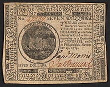 A seven-dollar banknote issued by the Second Continental Congress in 1775 Recto The United Colonies 7 dollars 1775 urn-3 HBS.Baker.AC 1083680.jpeg