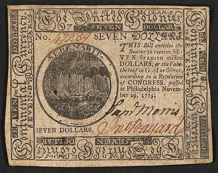 A seven-dollar banknote issued by the Second Continental Congress in 1775