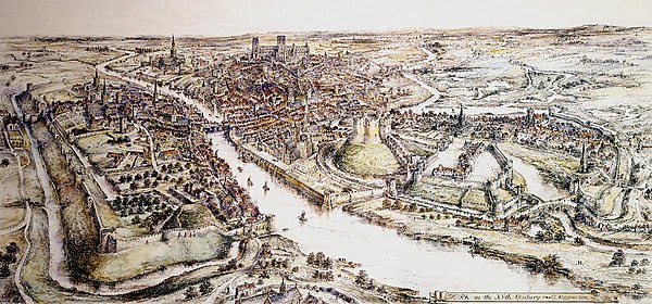 A panorama of 15th-century York by E. Ridsdale Tate; York Castle is on the right hand side of the river, opposite the abandoned motte of Baile Hill.