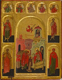 The Presentation of the Virgin in the Temple, an event that only appears in the Gospel of James, depicted on a Russian icon Russian - Presentation of the Virgin in the Temple and the Virgin of the Burning Bush - Walters 372664.jpg
