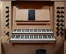 Console of the pipe Organ by Alfred Führer (1989) in Cistercian monastery Sankt Thomas, Germany.