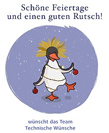 Abgebildet ist die Zeichnung eines Pinguins, der auf dem Kopf einen Teil des Logos des Projekts Technische Wünsche trägt. Er ist in eine Lichterkette gewickelt und trägt in jeder Flosse eine Weihnachtsbaumkugel.