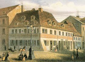 Schumann's birthplace, now the Robert Schumann House, after an anonymous colourised lithograph (Source: Wikimedia)